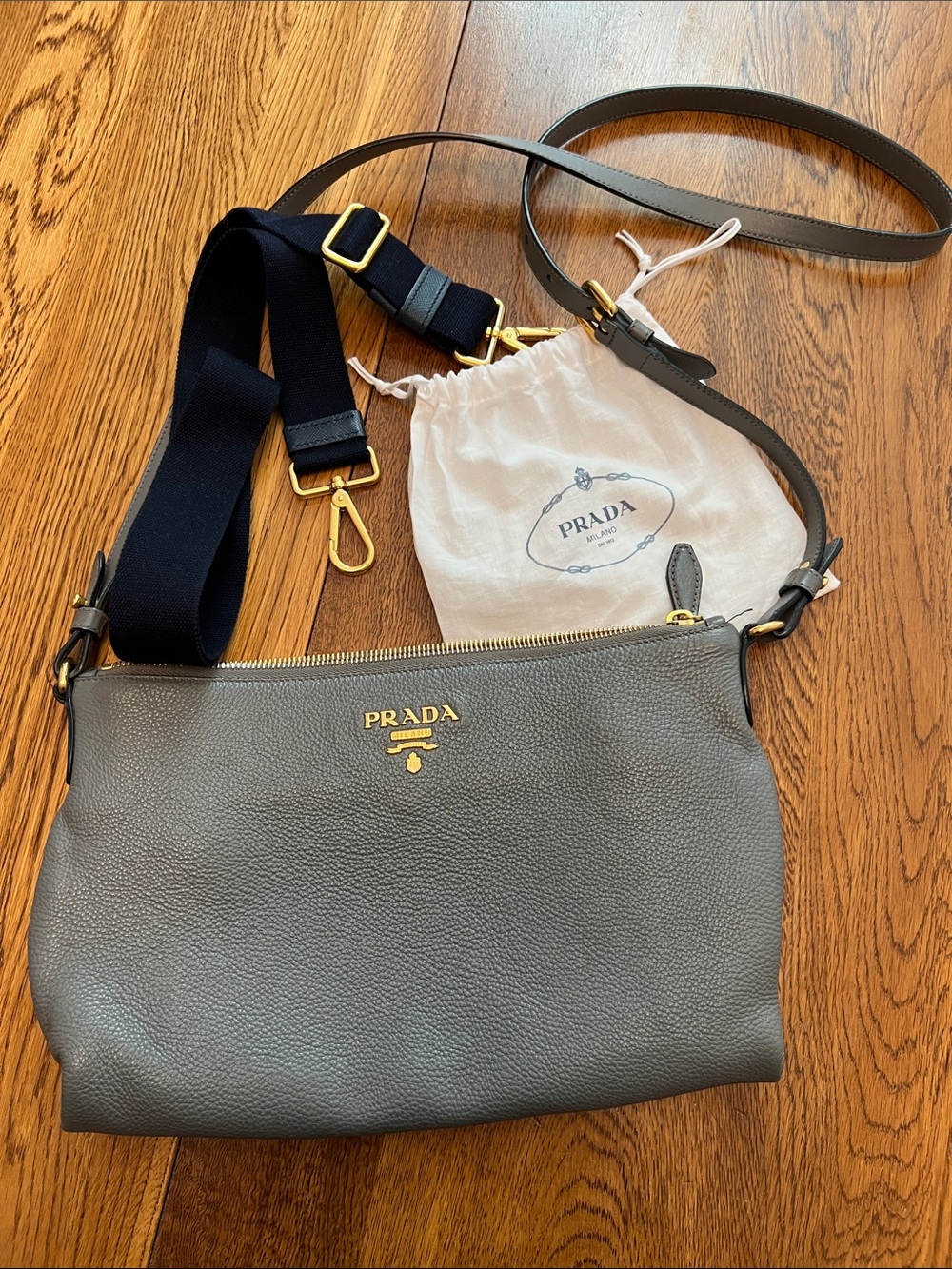 Prada Gray Pebbled Leather Shoulder Bag with Navy Strap and Gold Hardware